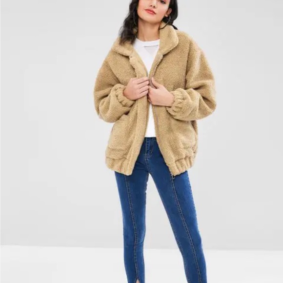 Fluffy Zip Up Winter Teddy Coat - Camel Brown - Picture 4 of 4